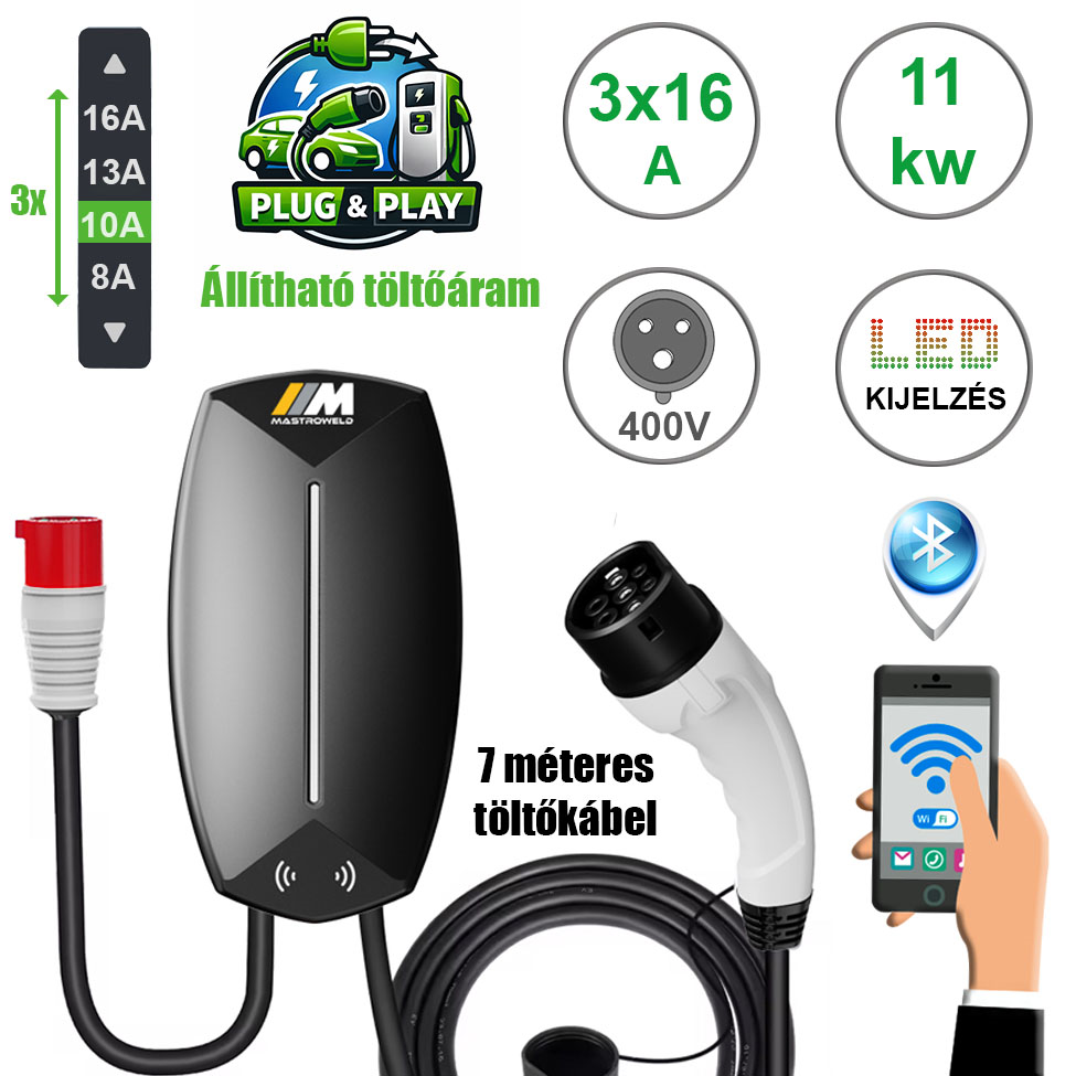 Mastroweld EVoCHARGE fali elektromos autó töltő, 11 kW, 7 m termék fő termékképe